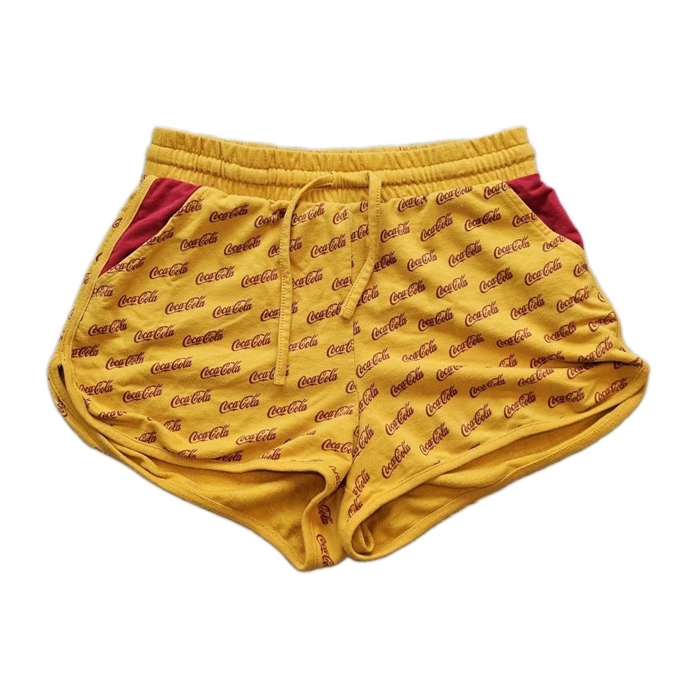 Coca-Cola Women's Size M Yellow Sweat Shorts Allover Logo Print
